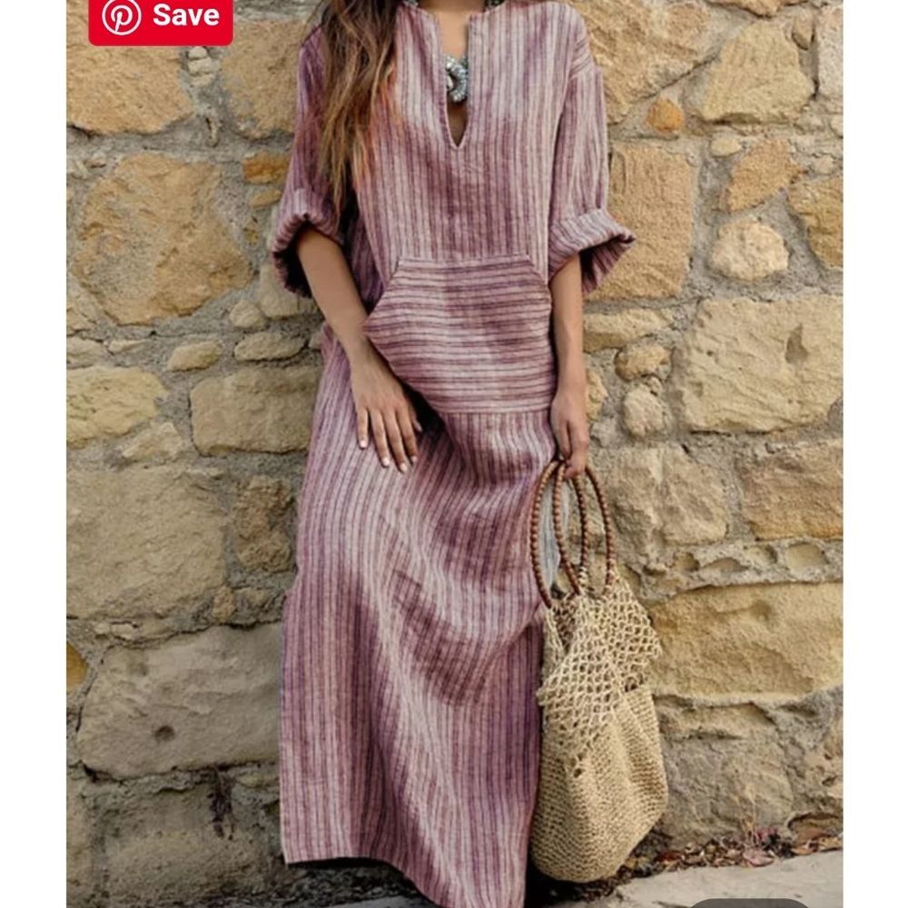 Split Neck Patch Pocket Striped Printed Maxi Dress - image 1